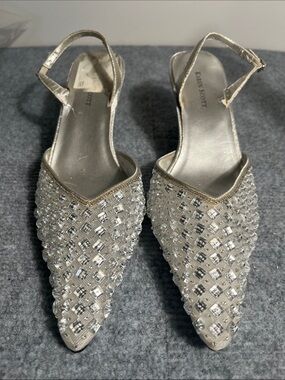 Karen Scott Silver Crystal Slingback Mules Wear to strap and missing bead.